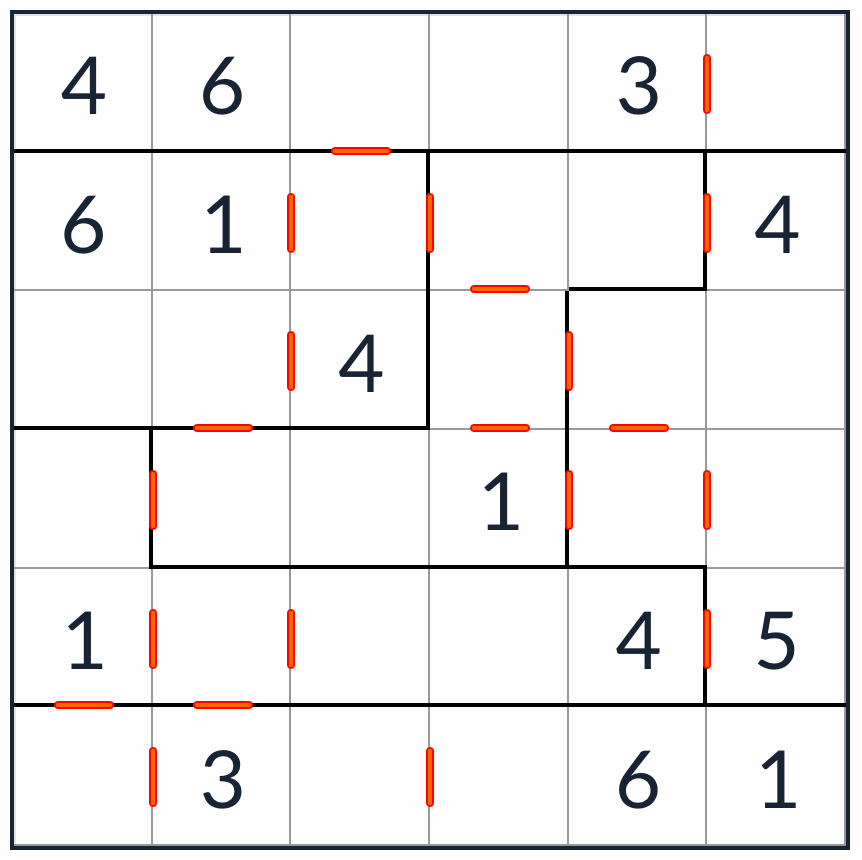 Anti-Knight nepravidelný po sobě jdoucí puzzle Sudoku 6x6