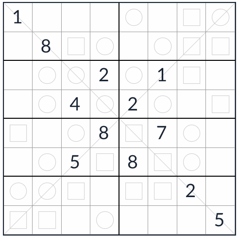 Anti-Knight Diagonal Even-Osd Sudoku 8x8