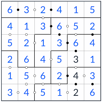 nepravidelný kropki sudoku 6x6 řešení