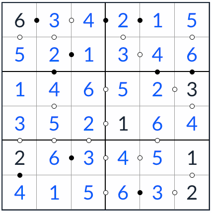 anti-king kropki sudoku 6x6 řešení