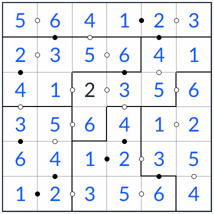 Anti-King nepravidelné kropki sudoku 6x6 řešení