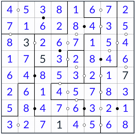 nepravidelný kropki sudoku 8x8 řešení