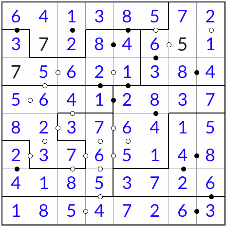 Anti-Knight nepravidelný kropki sudoku 8x8 řešení