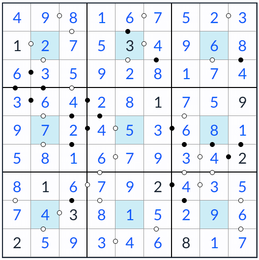 Anti-Knight Center Kropki Sudoku Solution