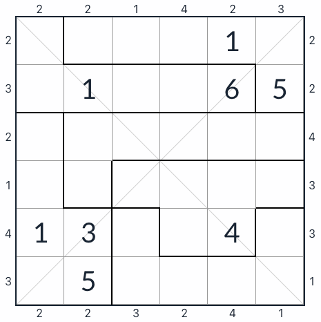 Nepravidelný diagonální mrakodrap sudoku 6x6